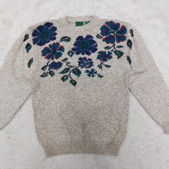 Vintage Northern Reflections Women's Gray with Blue Floral Pattern Sweater S - Picture 2 of 8